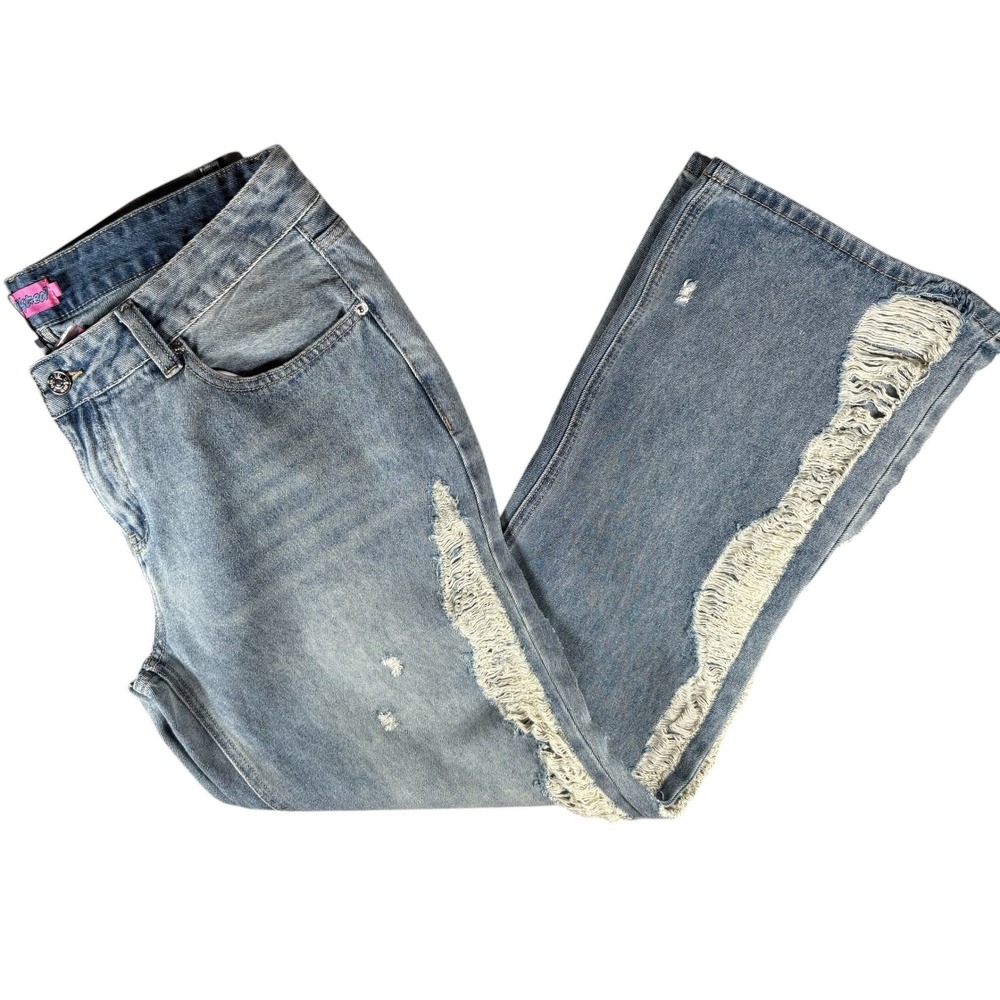 NWT Festival Edikted Light Blue Distressed Wide Leg Jeans XL Side Shredded Boho